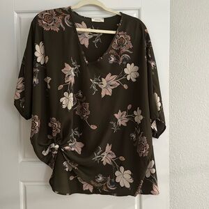 Adrienne fall floral V-neck oversized blouse; knots at front